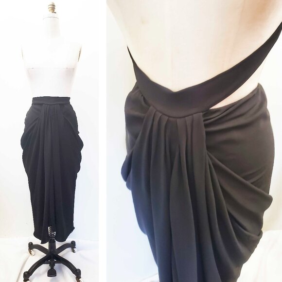 Rick Owens Vicious SS14 Womens BlackFront Draped Midi Skirt Elastic Waist Ties